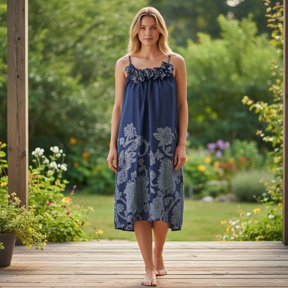 INC Navy Ruffle Neck Paisley Midi Dress Boho Cottagecore S - Picture 2 of 12